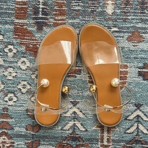 Clear Strap Sandals with Gold and Pearl Accents